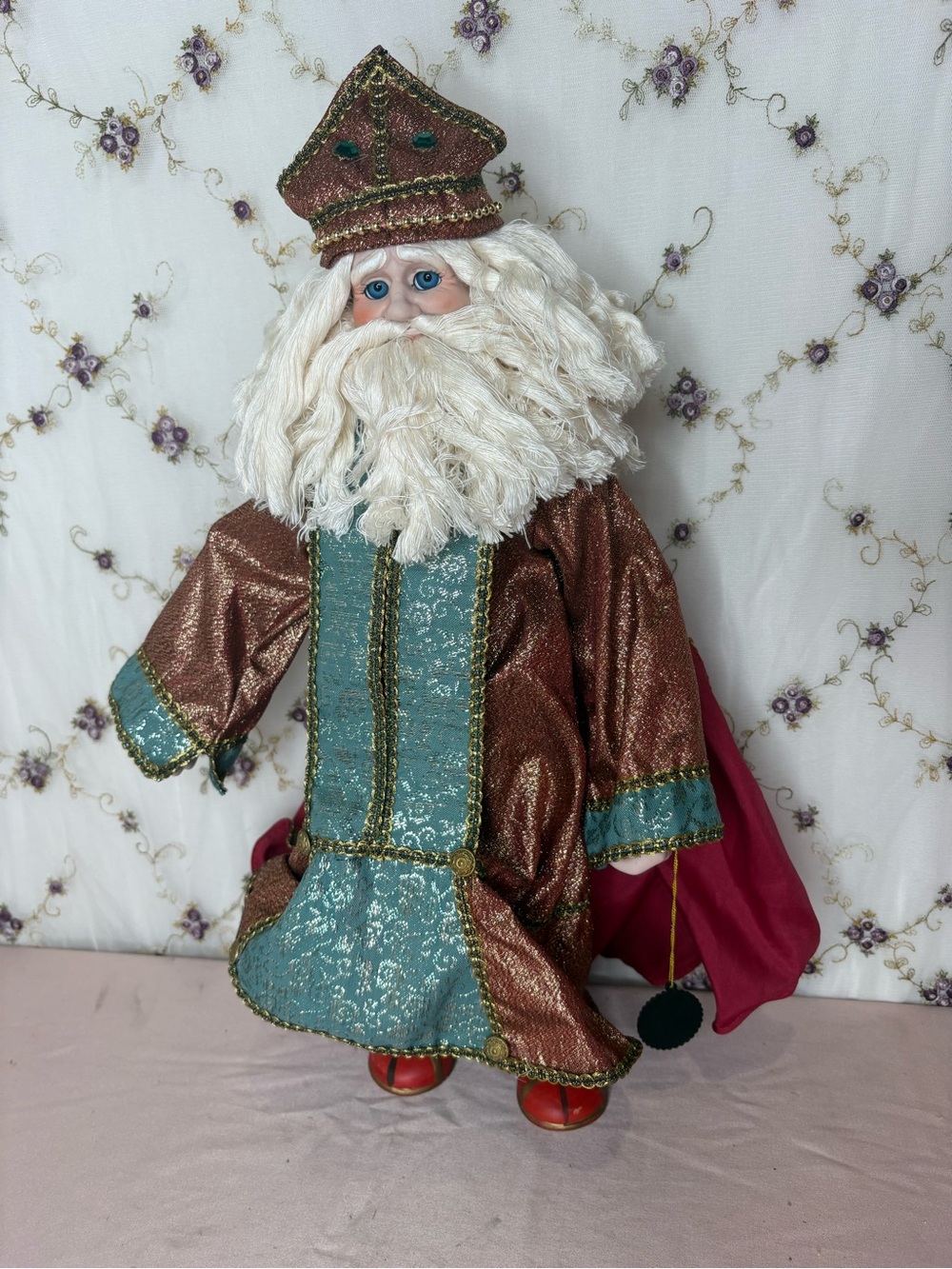 Handmade-Style Decorative Santa Doll in Metallic Copper and Teal